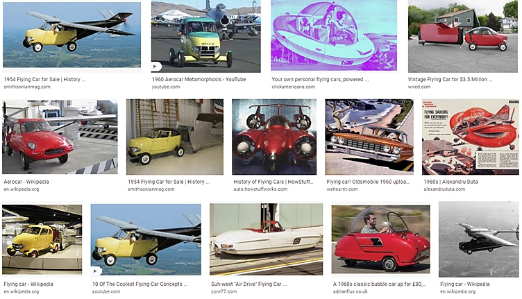 A screen shot of Google image results for flying cars