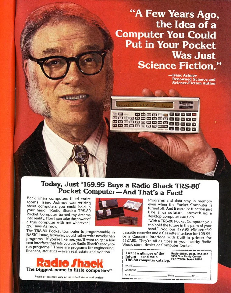Dr Isaac Asimov advertising a pocket computer